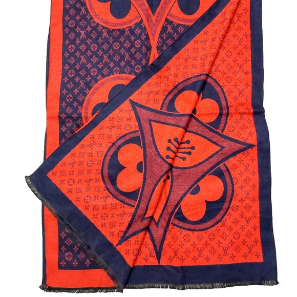 LOUIS VUITTON LV Vintage Blue & Red Abstract Floral Print Shawl Wrap Scarf - Picture 1 of 7